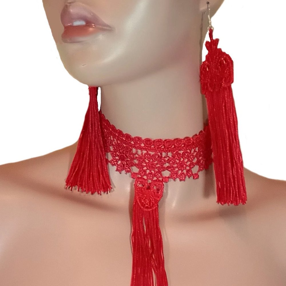 Red Lace Tassel Jewelry Set, Red Jewelry Set, Red Accessories, Red Jewelry